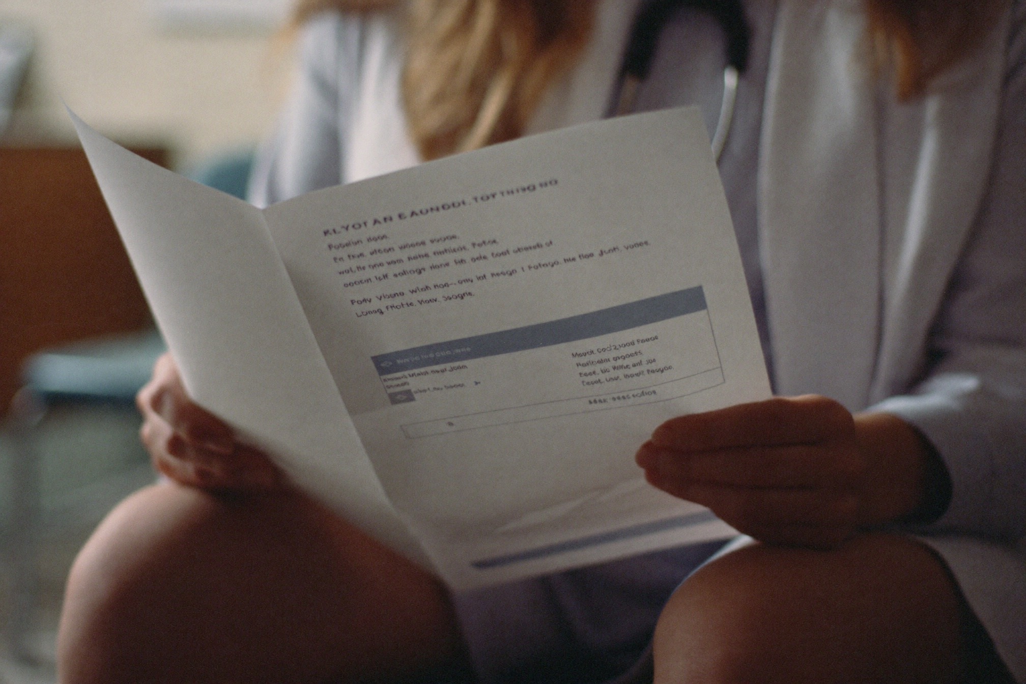 A woman holding a lab report in a waiting room